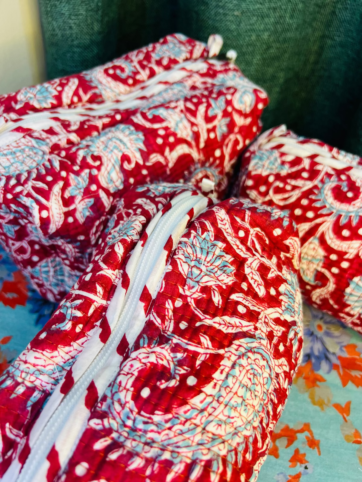 Scarlet Bloom Multipurpose Quilted Pouches - Set of 3