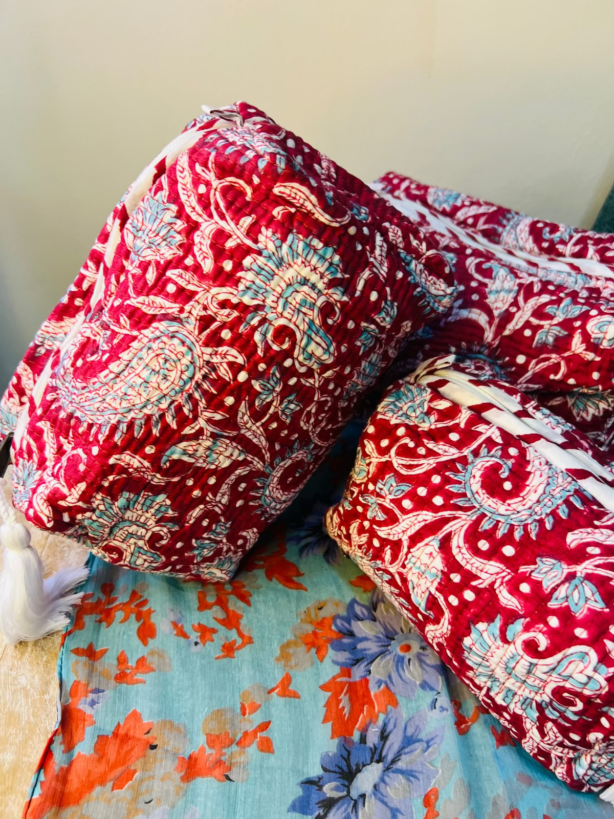 Scarlet Bloom Multipurpose Quilted Pouches - Set of 3