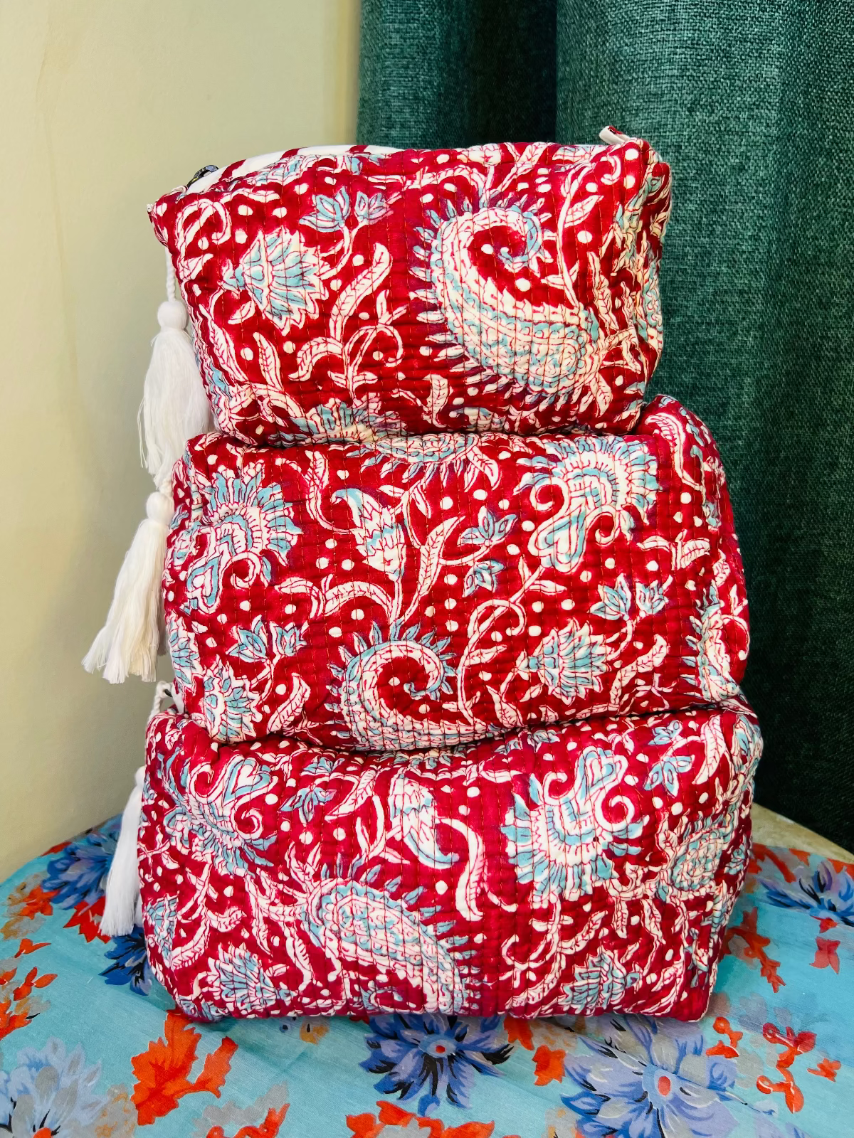 Scarlet Bloom Multipurpose Quilted Pouches - Set of 3