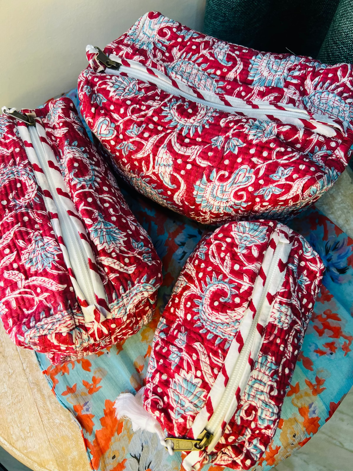 Scarlet Bloom Multipurpose Quilted Pouches - Set of 3