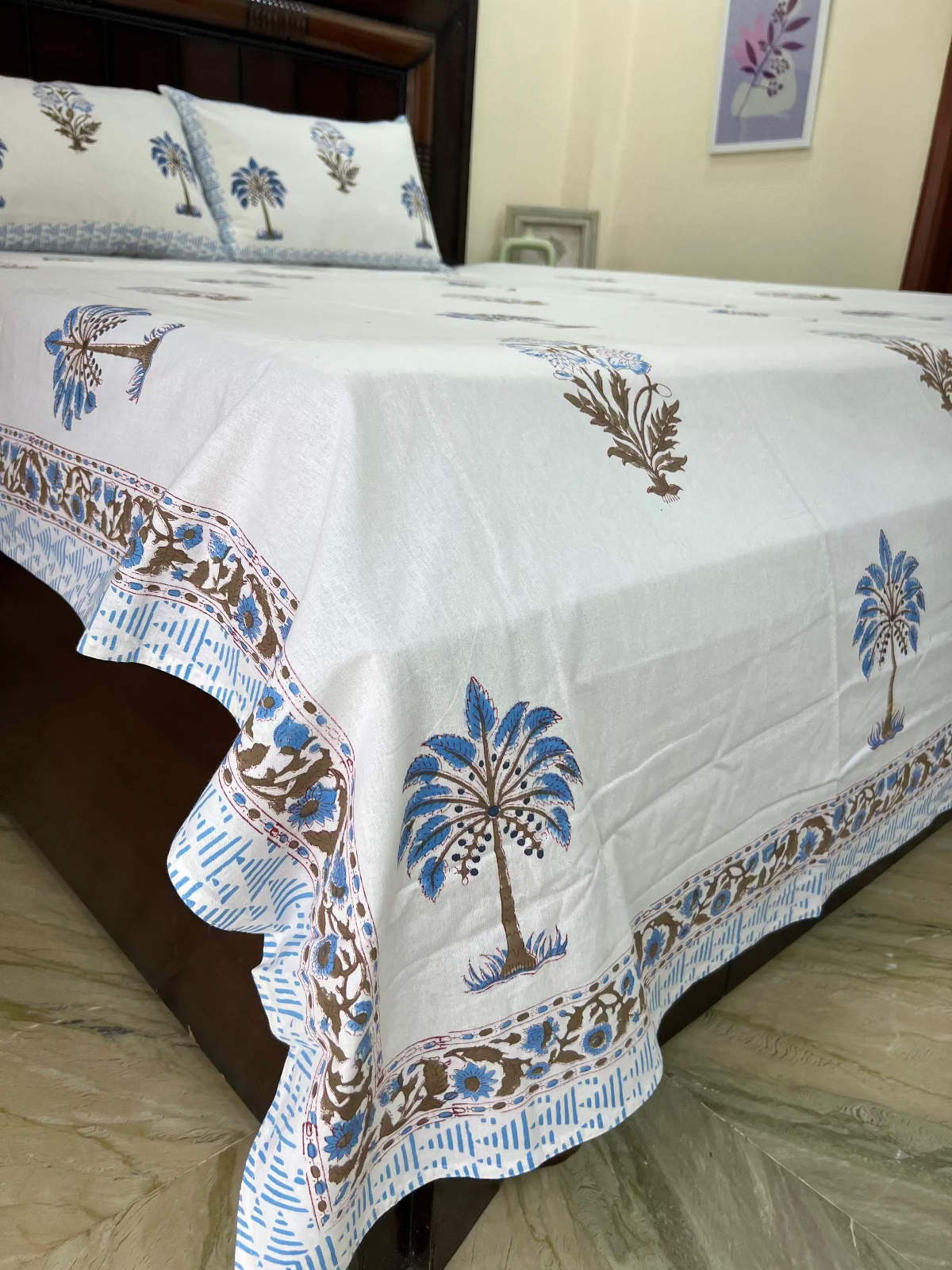 Blue Palm Cotton Bedsheet Set - Queen