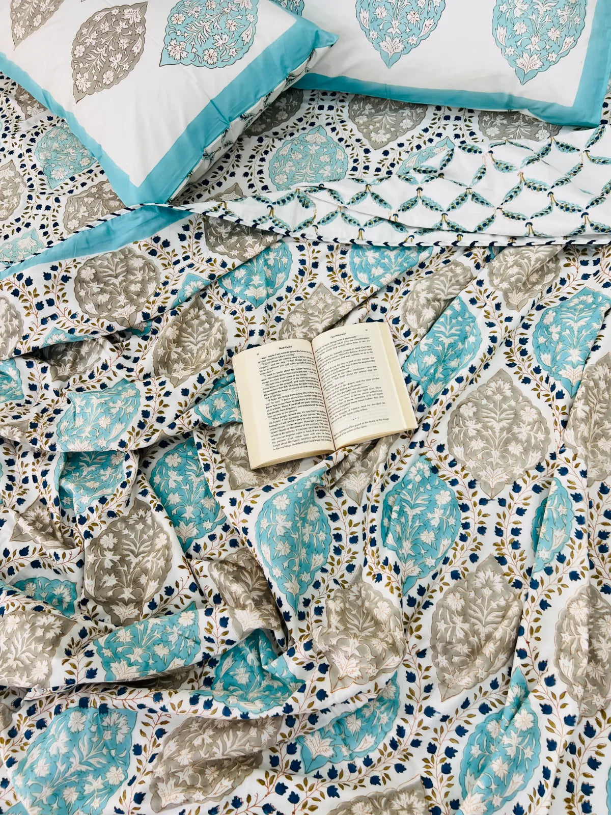 Jaipur Jewel muslin cotton dohar with turquoise and grey handblock print