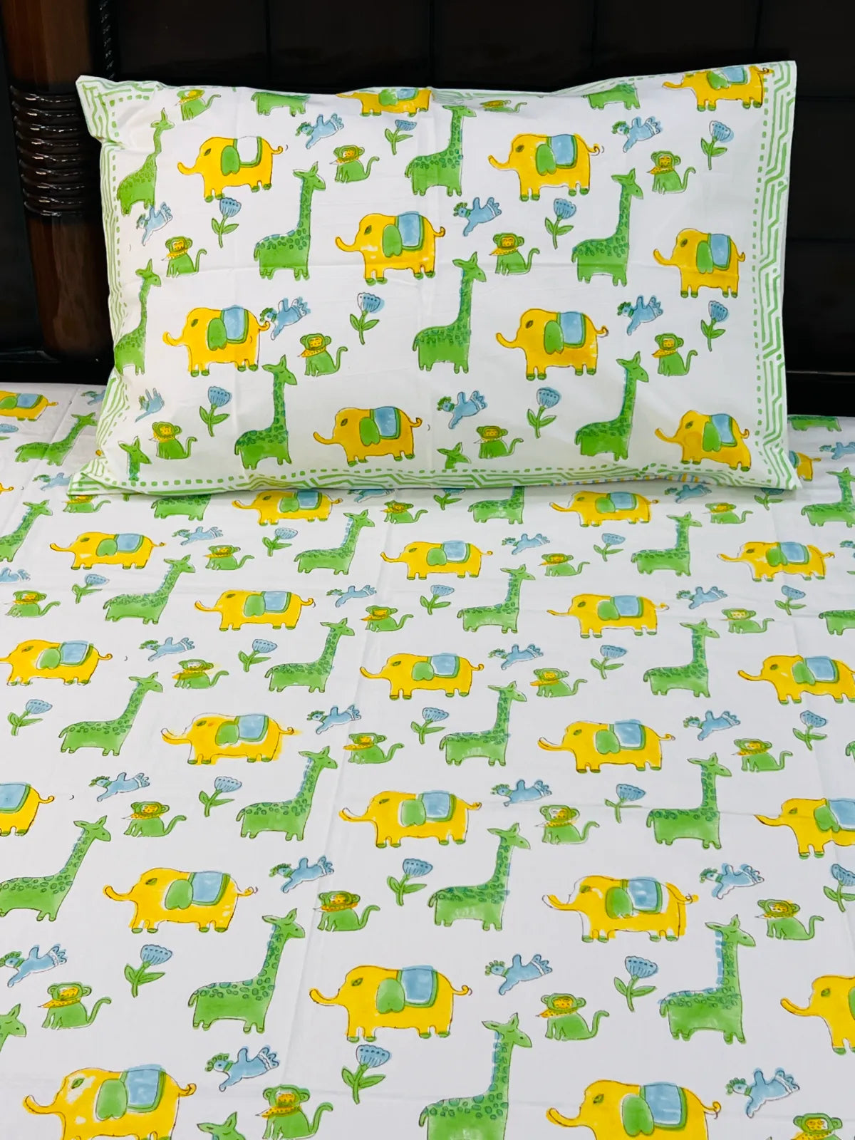Close up of jungle print cotton bedsheet fabric