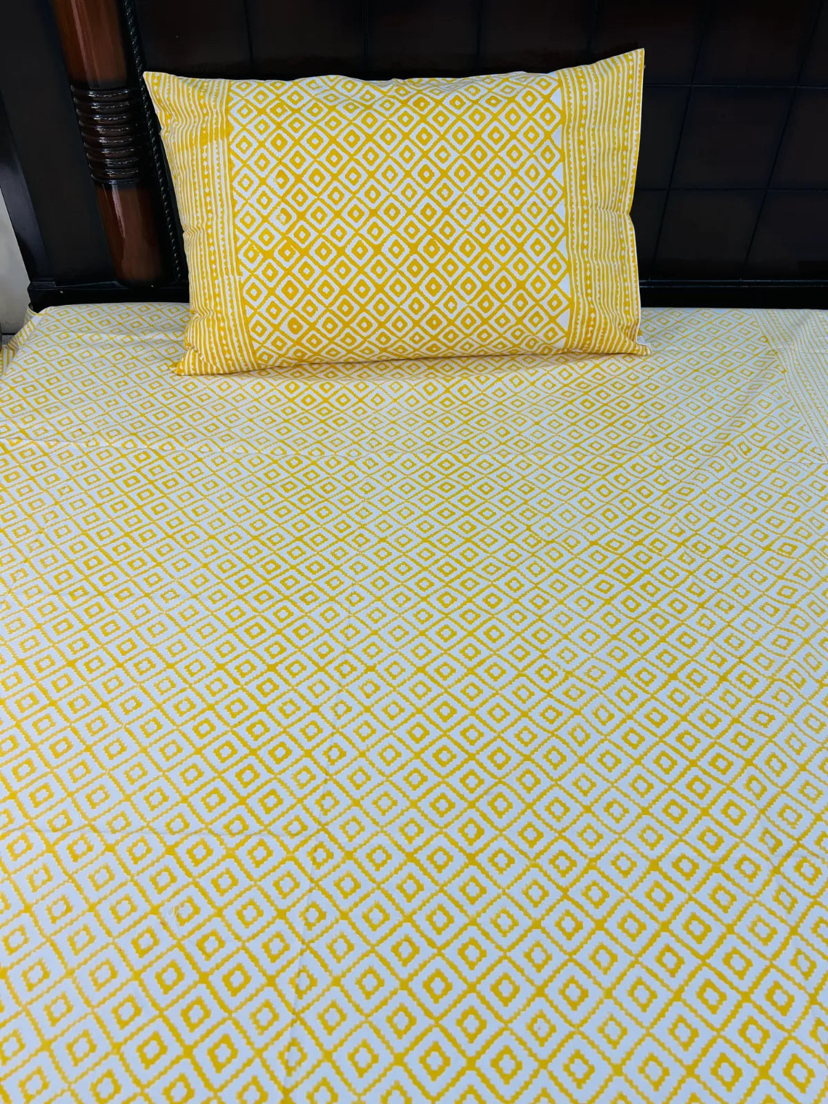 Handblock printed pure cotton single bedsheet in mustard yellow geometric lattice design by House Of Manjari.