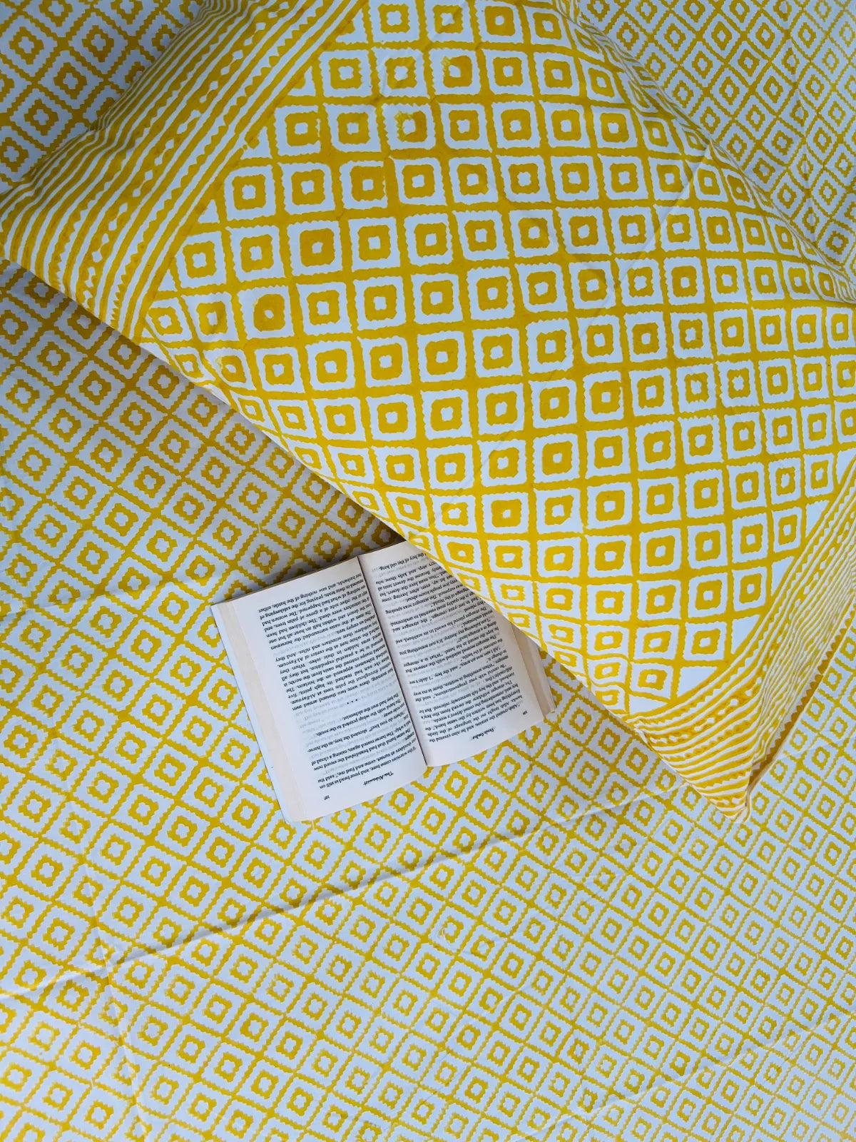 Handblock printed pure cotton single bedsheet in mustard yellow geometric lattice design by House Of Manjari.