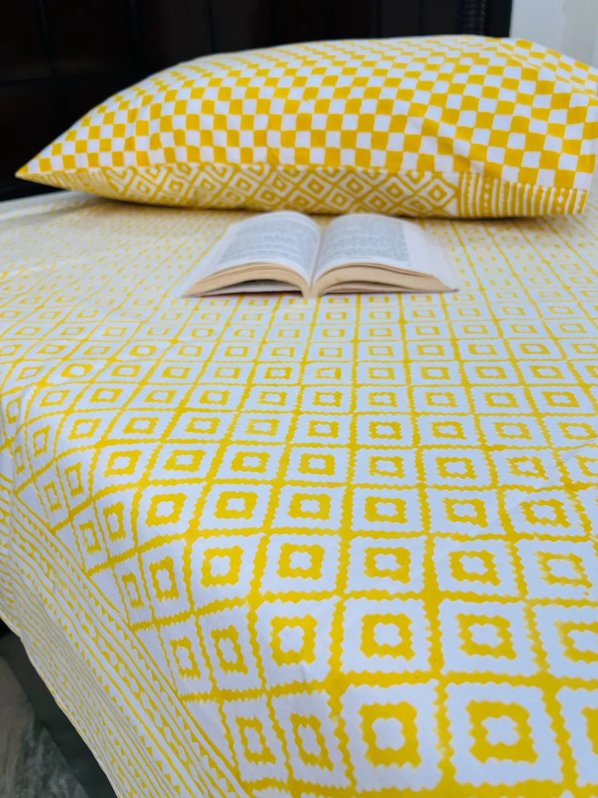 Handblock printed pure cotton single bedsheet in mustard yellow geometric lattice design by House Of Manjari.