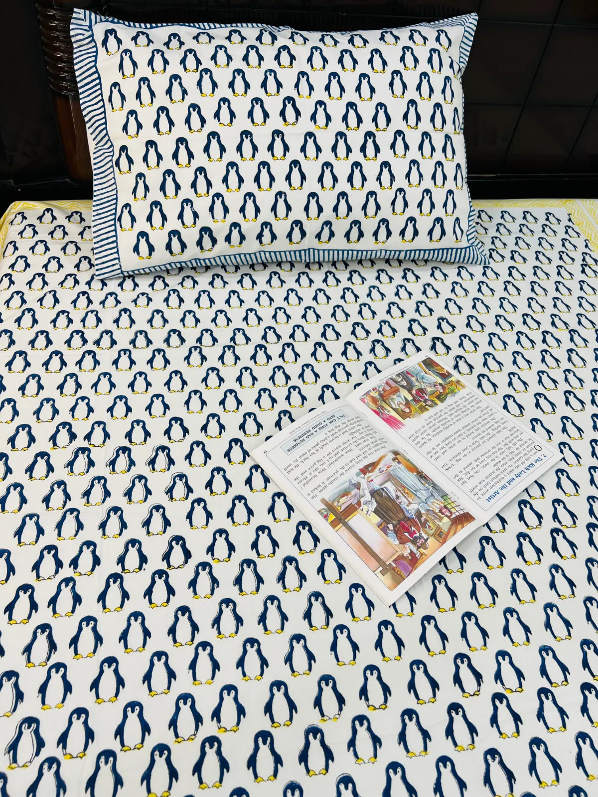 Close up of penguin design cotton bedsheet pattern
