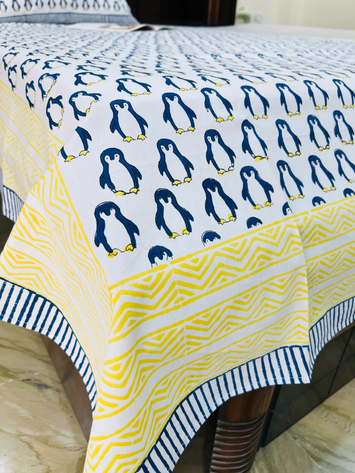 Close up of penguin design cotton bedsheet pattern