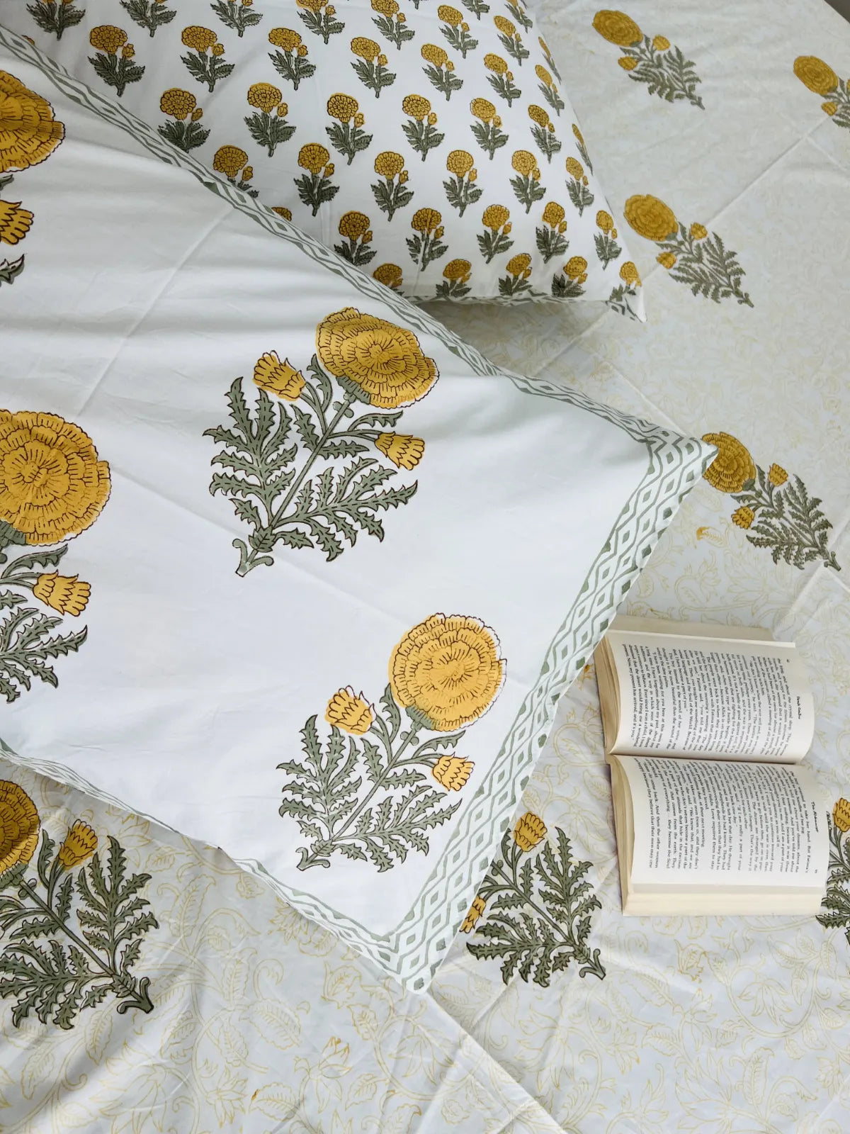 ivory marigold handblock printed cotton bedsheet