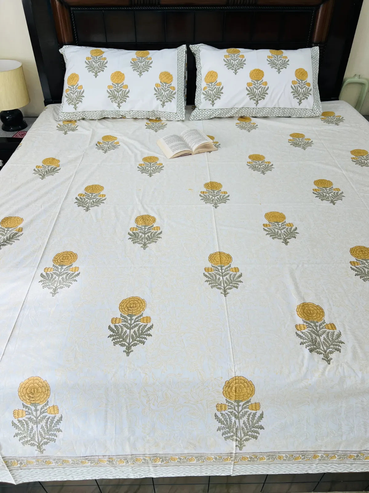 jaipuri floral buta bedsheet yellow ivory