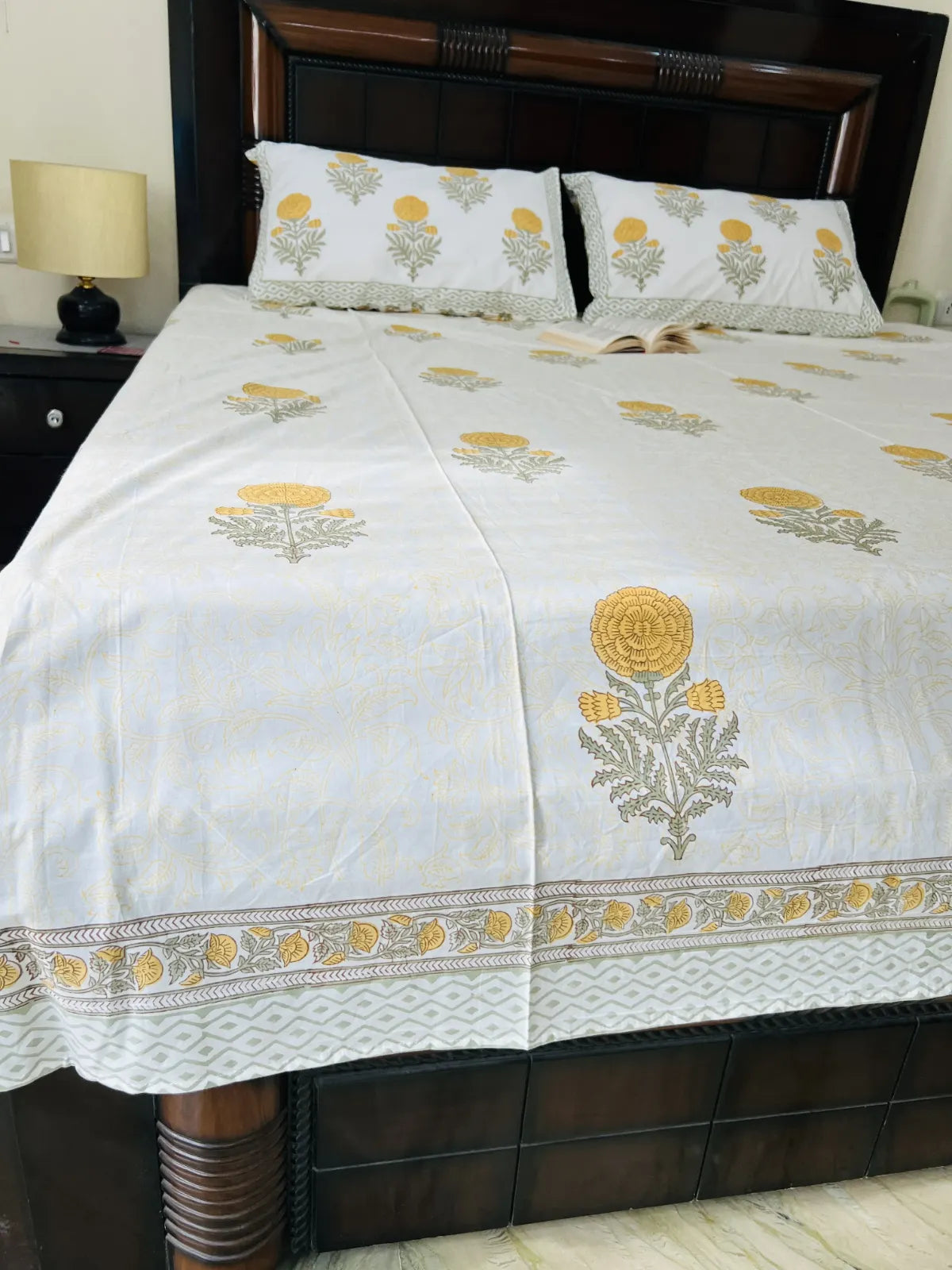 ivory marigold handblock printed cotton bedsheet