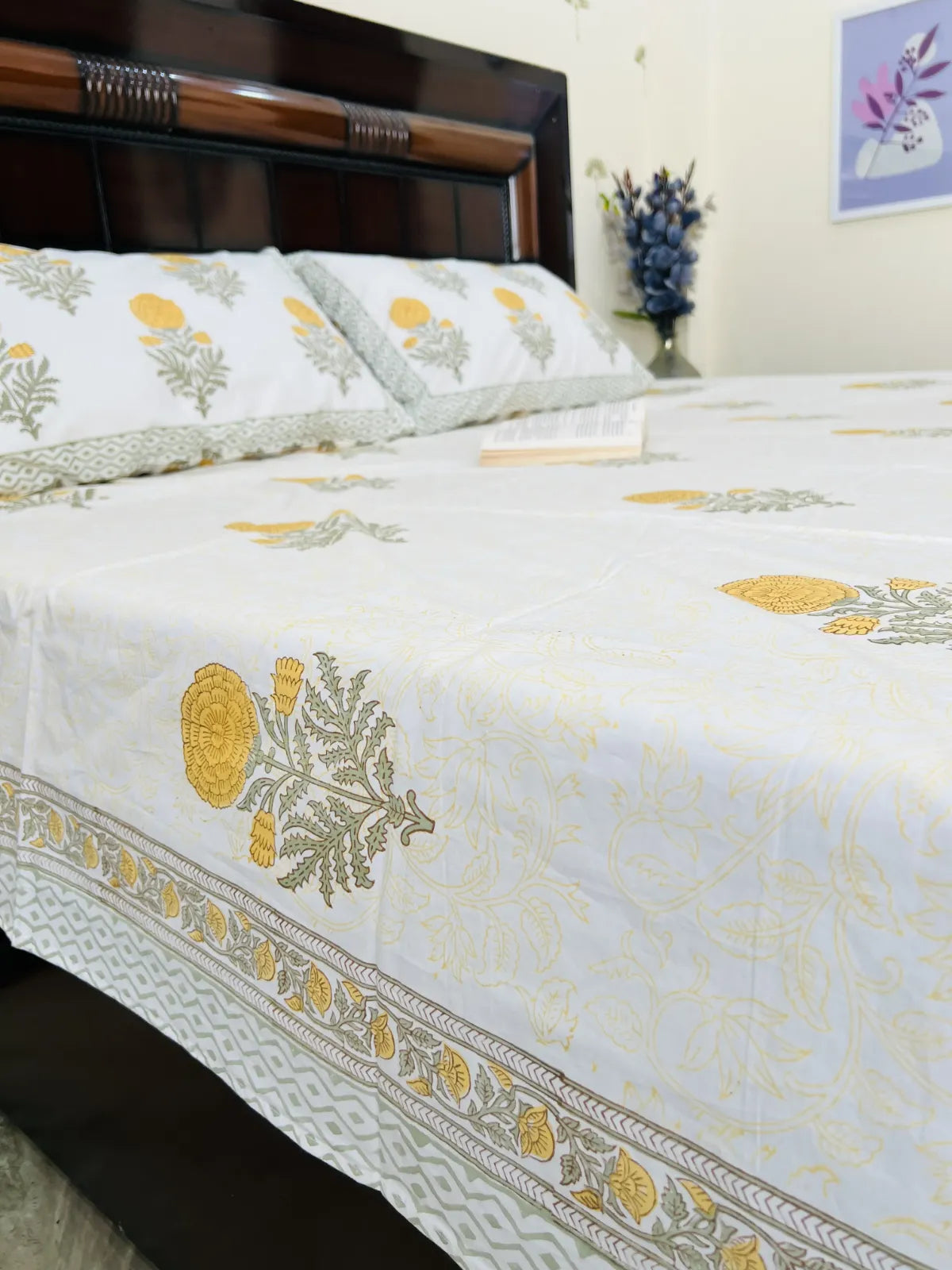 jaipuri floral buta bedsheet yellow ivory