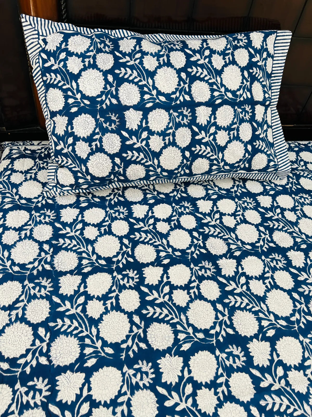 Cotton blue floral bedsheet with matching pillow cover