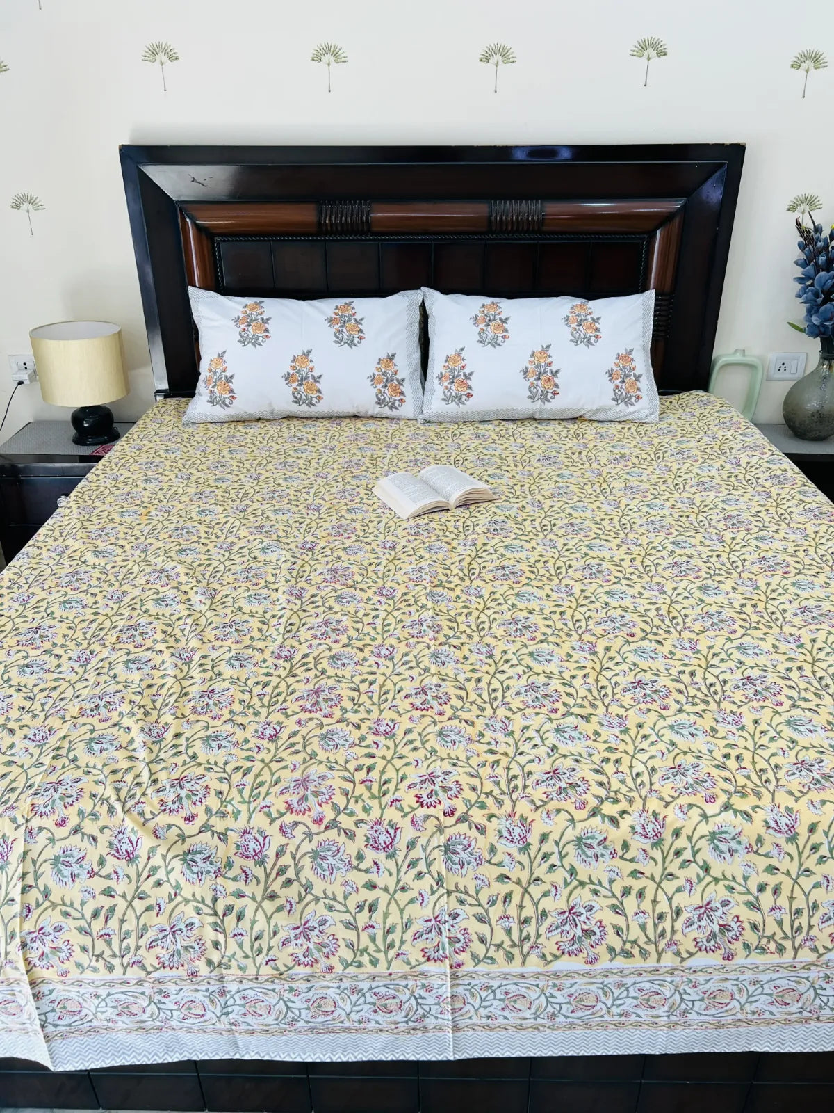 yellow garden floral cotton bedsheet Jaipur handblock