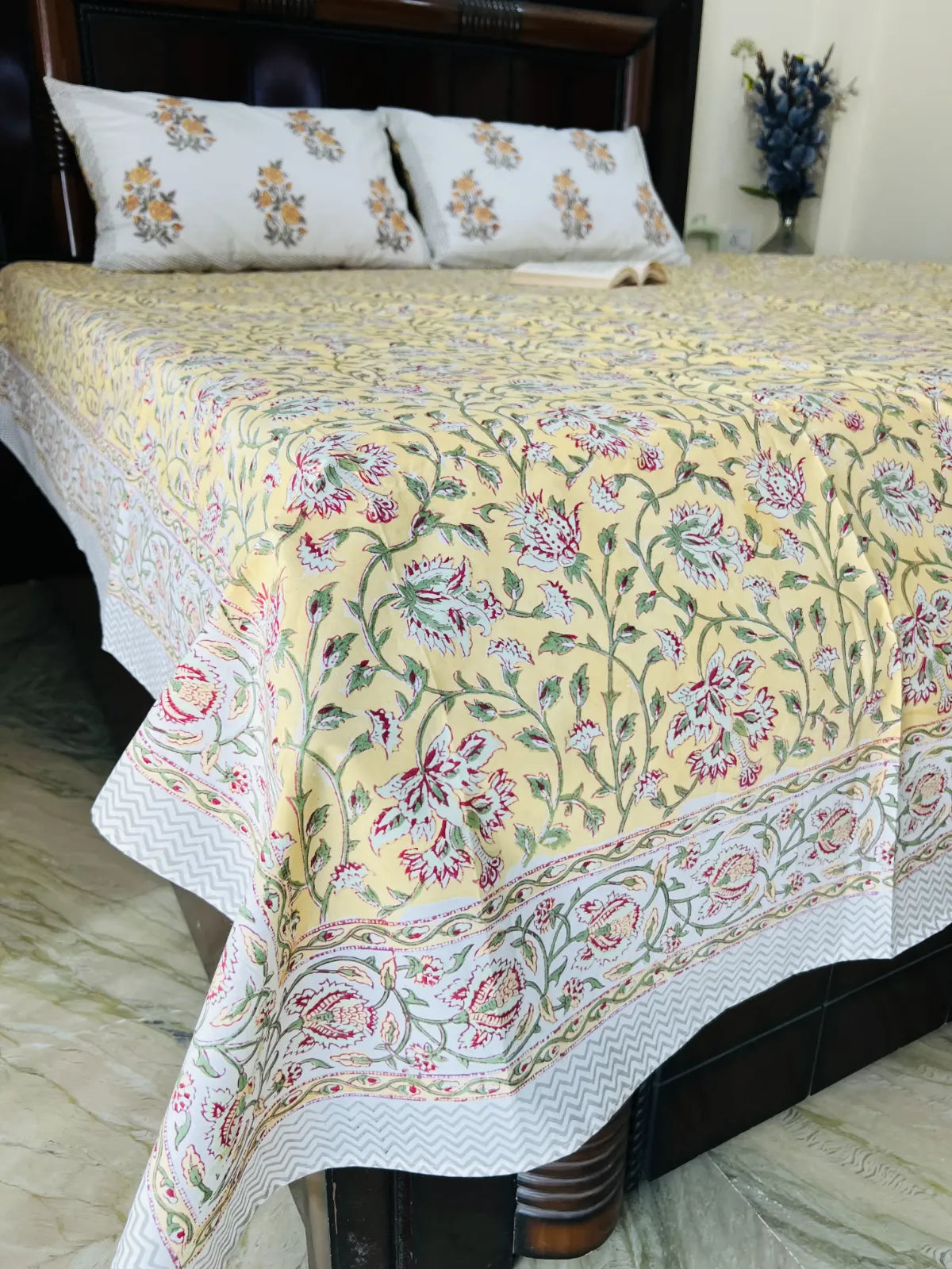 yellow floral handblock printed cotton bedsheet with rose motifs Jaipur