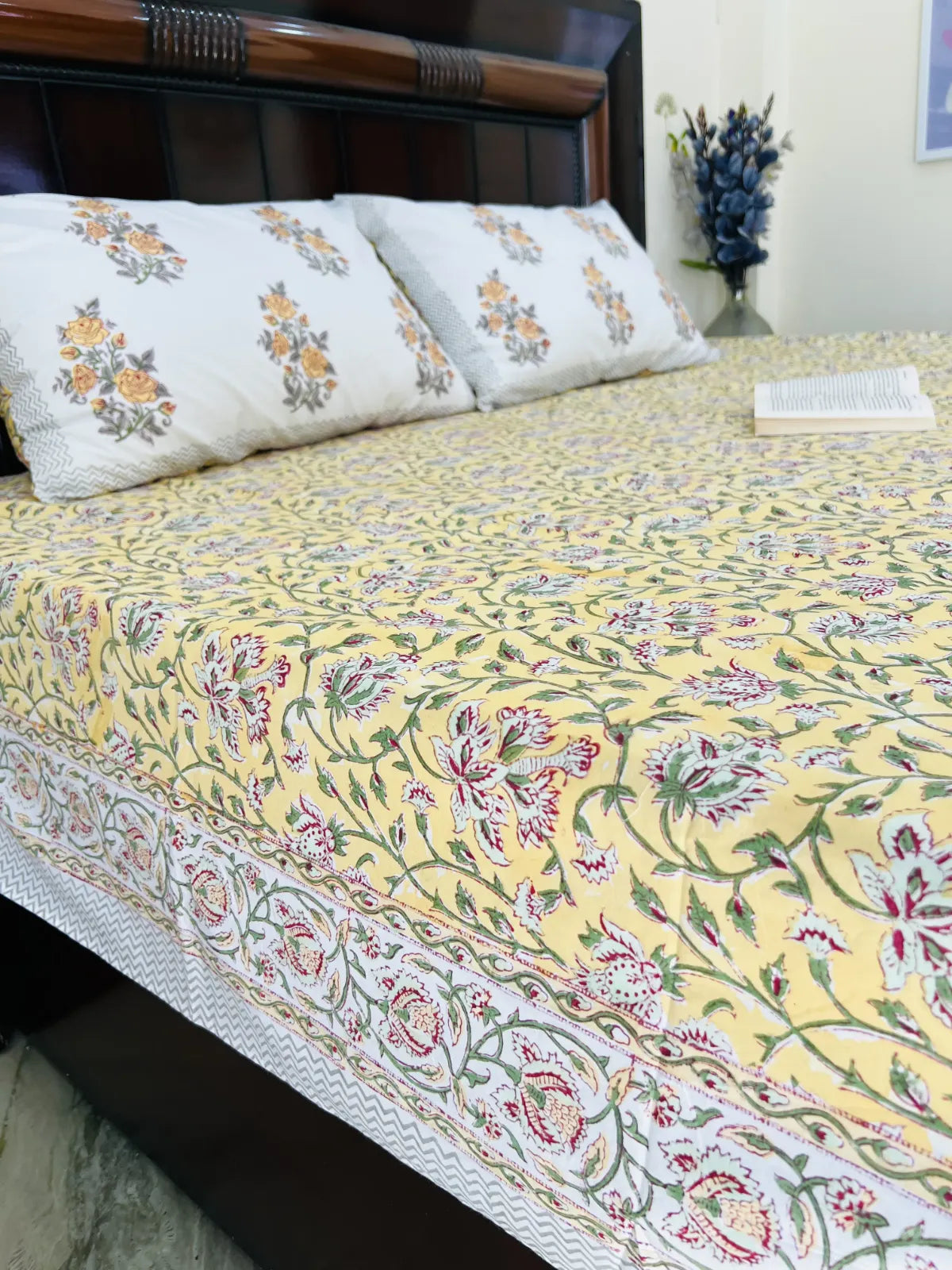 yellow floral handblock printed cotton bedsheet with rose motifs Jaipur