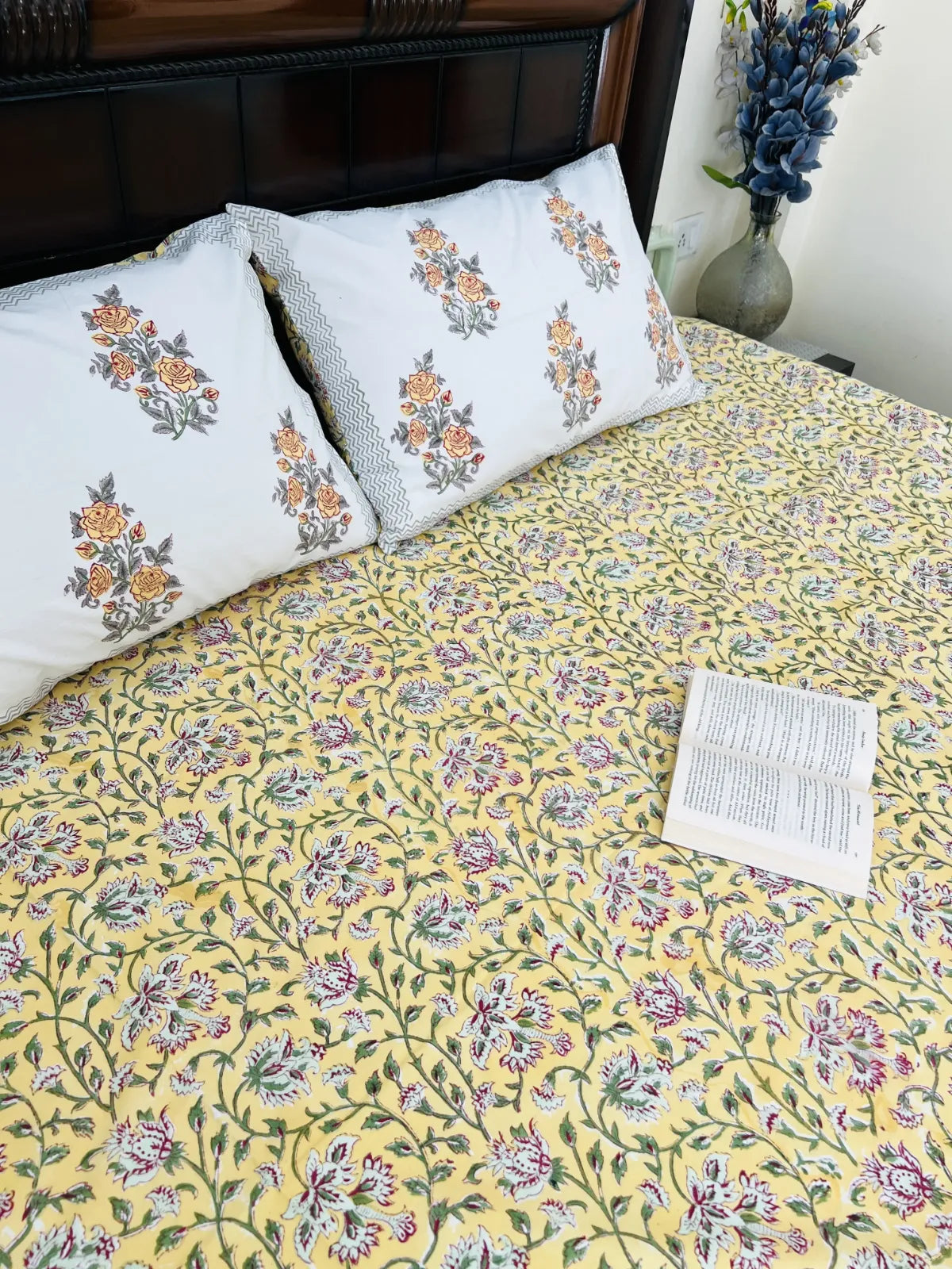 bright yellow cotton bedsheet handblock floral