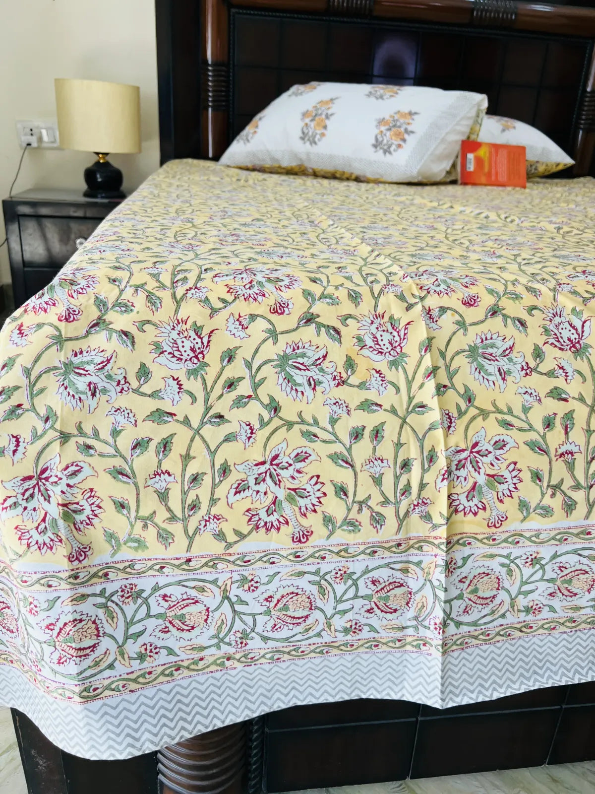 yellow garden floral cotton bedsheet Jaipur handblock