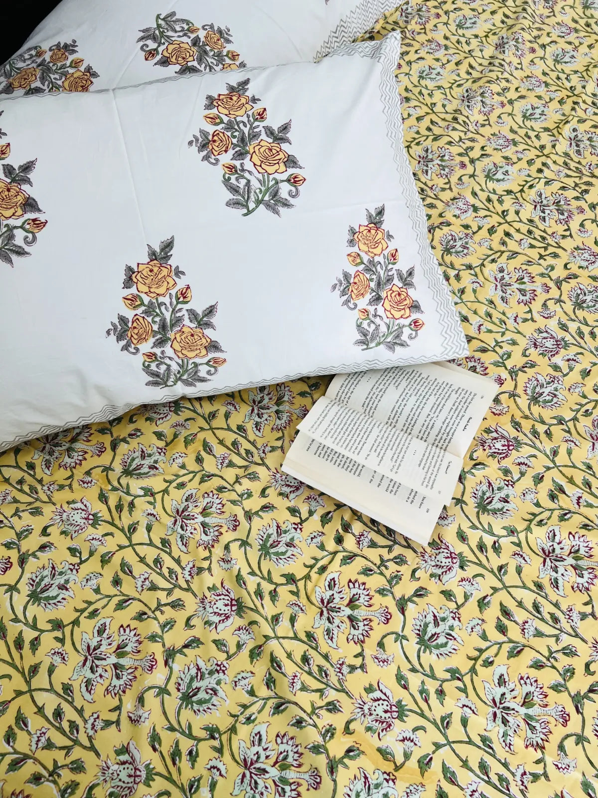 yellow garden floral cotton bedsheet Jaipur handblock