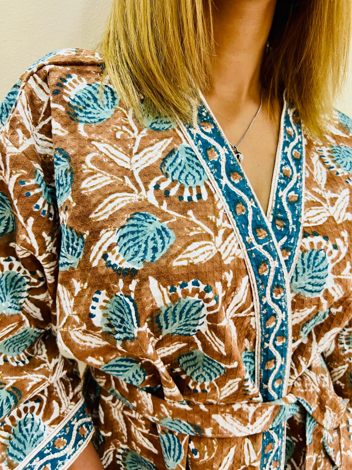 Front view of choco brown handblock-printed waffle cotton bathrobe
