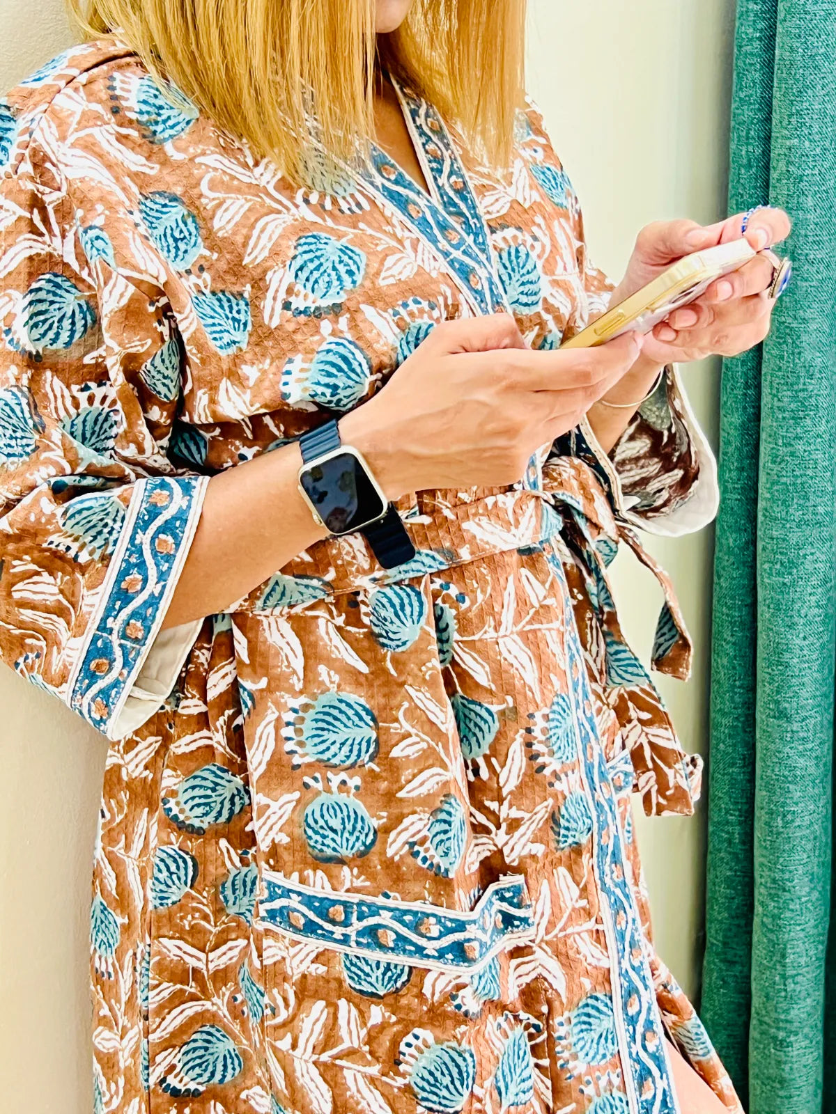 Front view of choco brown handblock-printed waffle cotton bathrobe