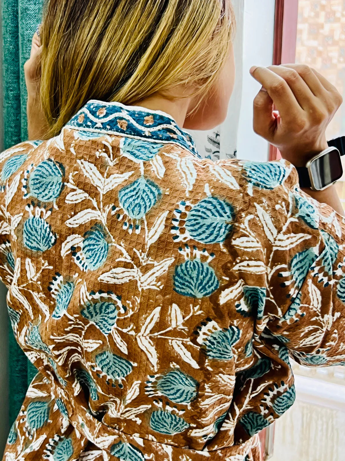 Back view of choco brown waffle cotton bathrobe