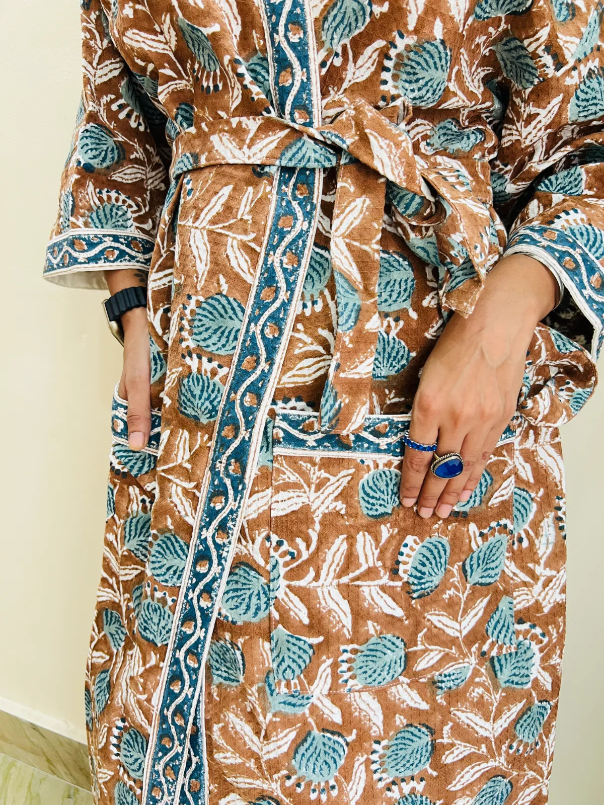 Choco brown waffle cotton bathrobe with handblock-printed design