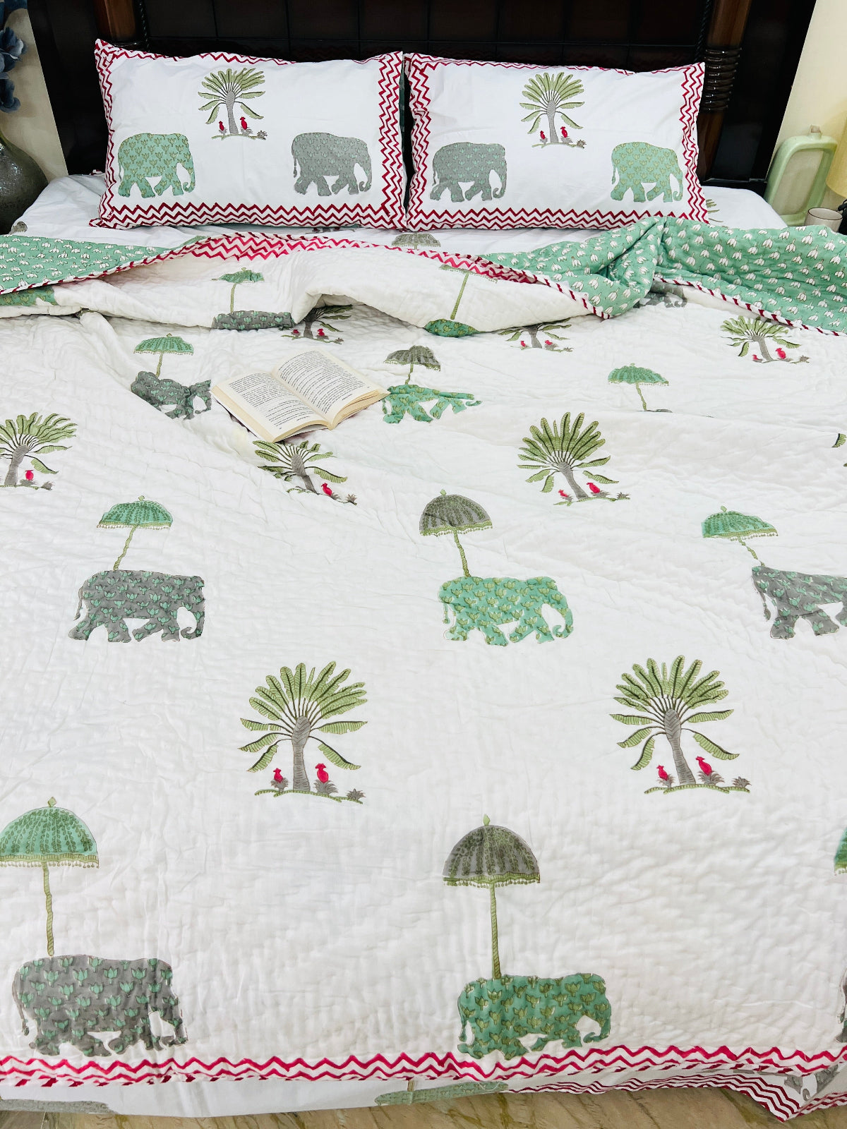 Heritage Harmony handblock printed cotton bedding set styled on bed