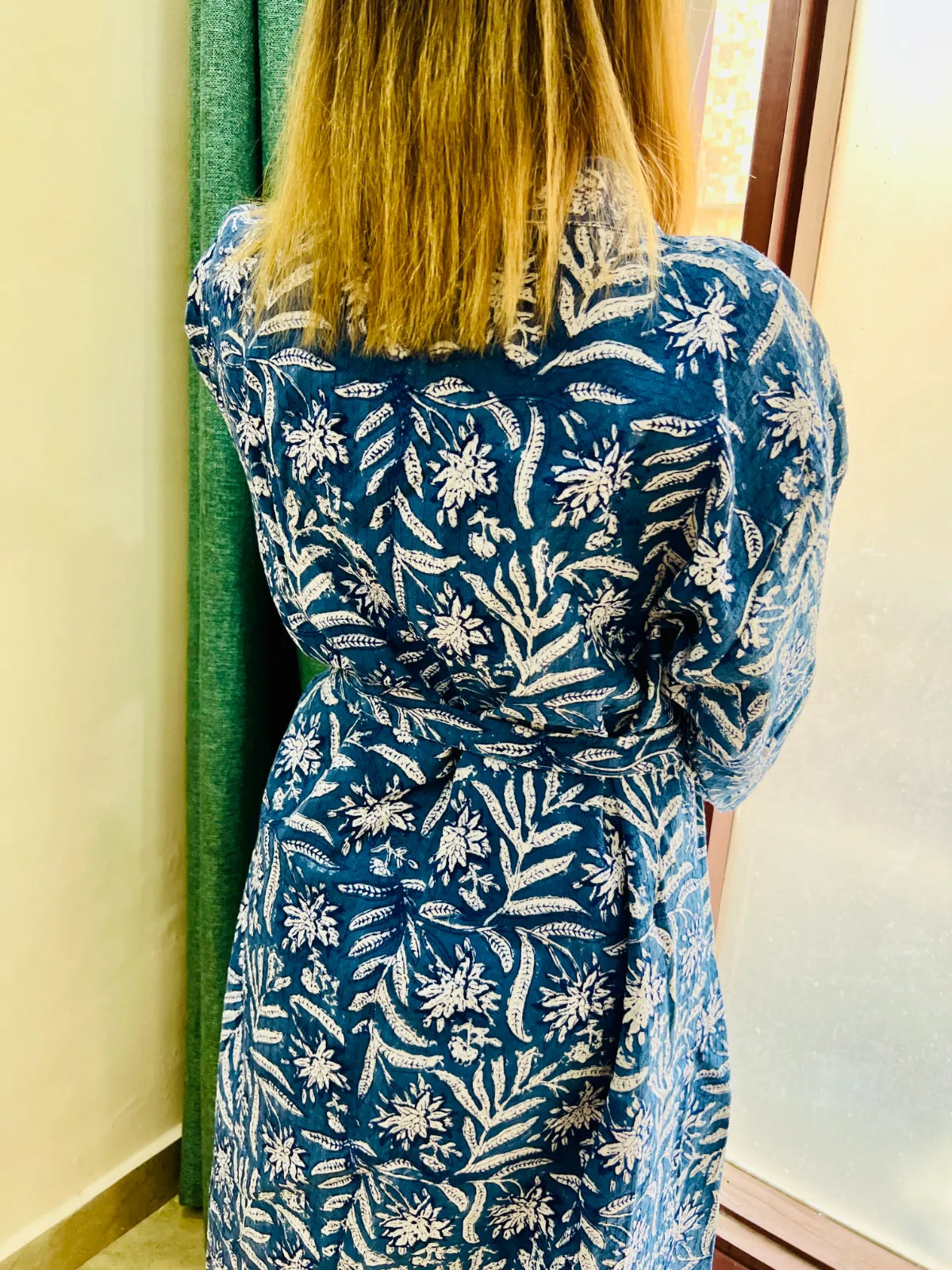 Back view of Midnight Bloom waffle cotton bathrobe