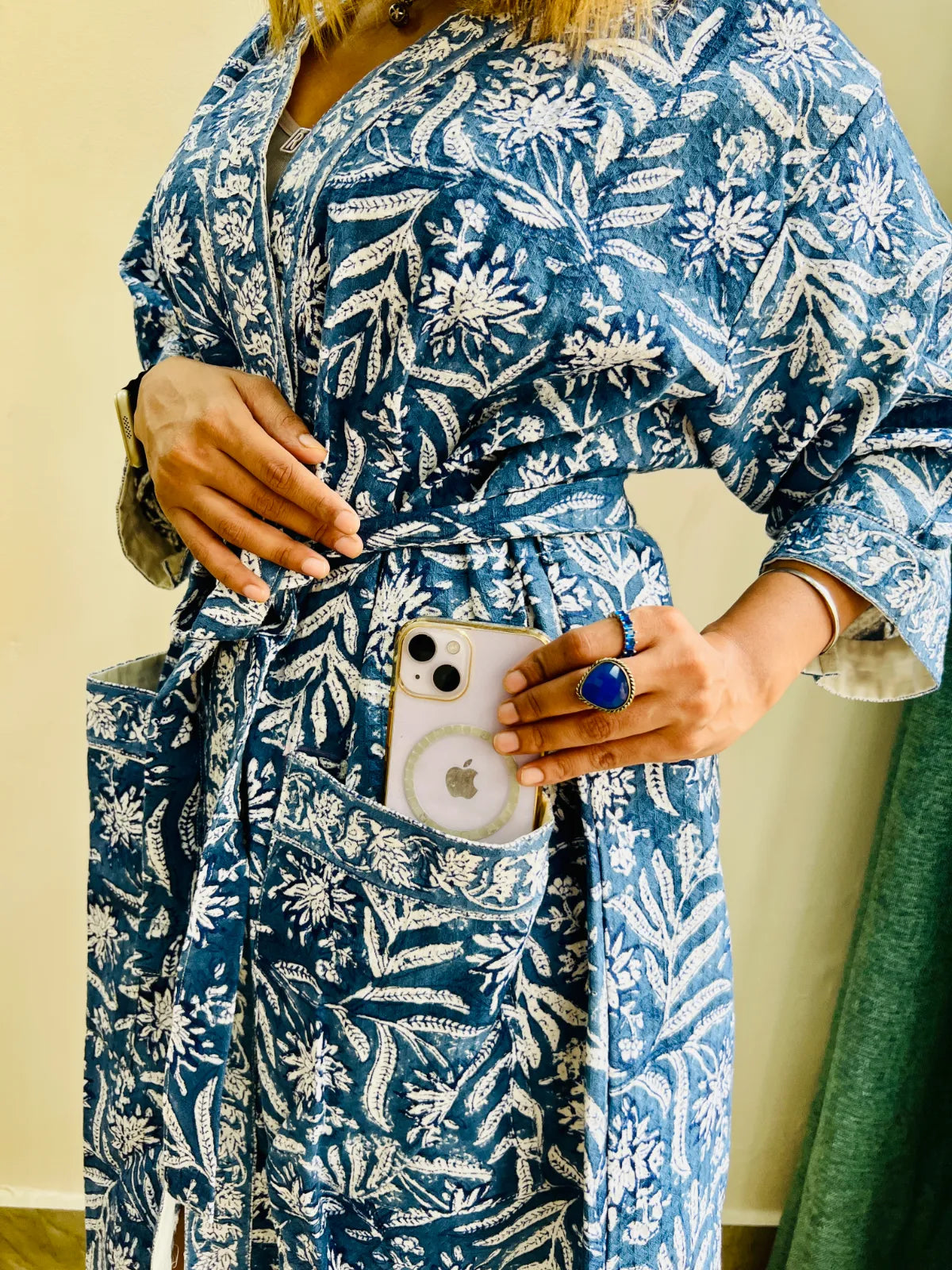 Belt and sleeve details of the Midnight Bloom waffle cotton bathrobe