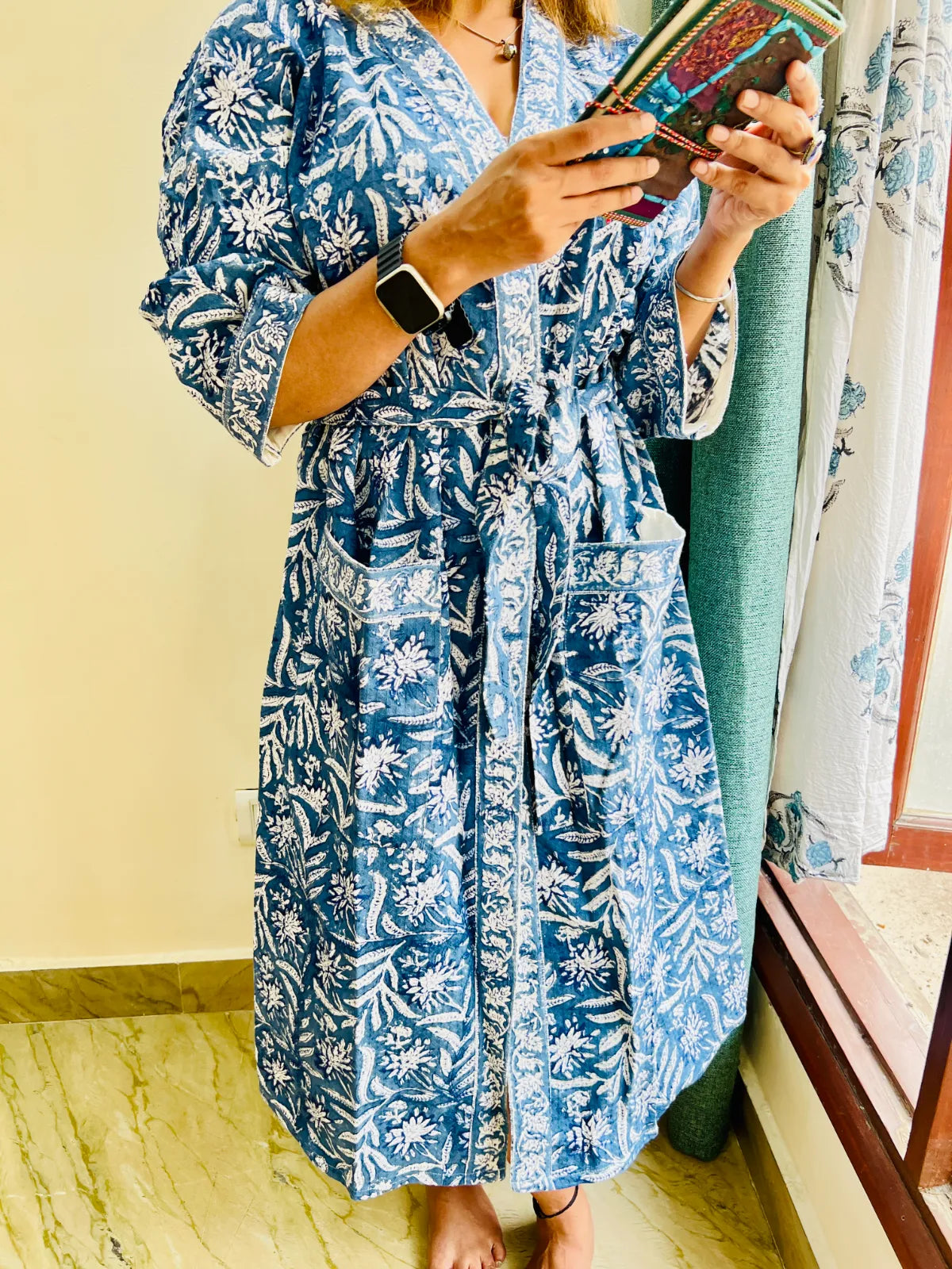 Midnight Bloom navy blue waffle cotton bathrobe with white floral print