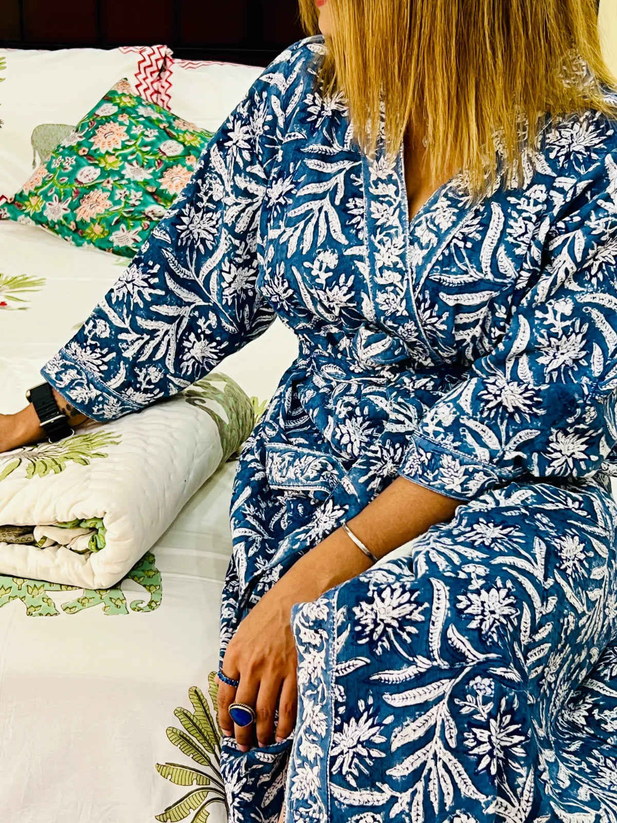 Midnight Bloom navy blue floral waffle cotton bathrobe styled for everyday wear