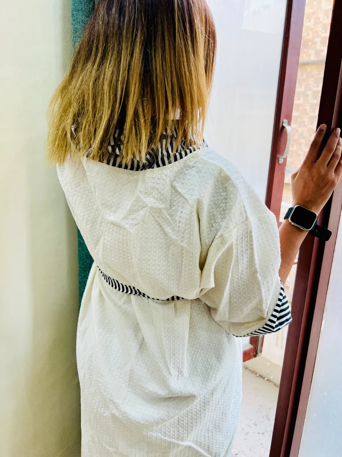 Back view of Mono Muse white waffle cotton bathrobe