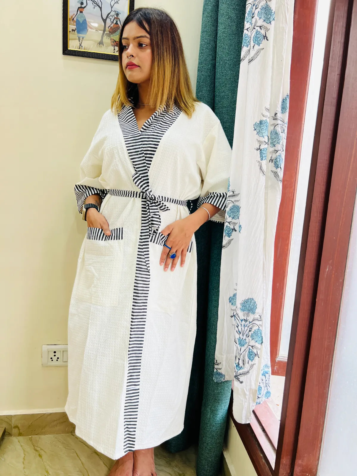 Mono Muse white waffle cotton bathrobe with contrasting striped border