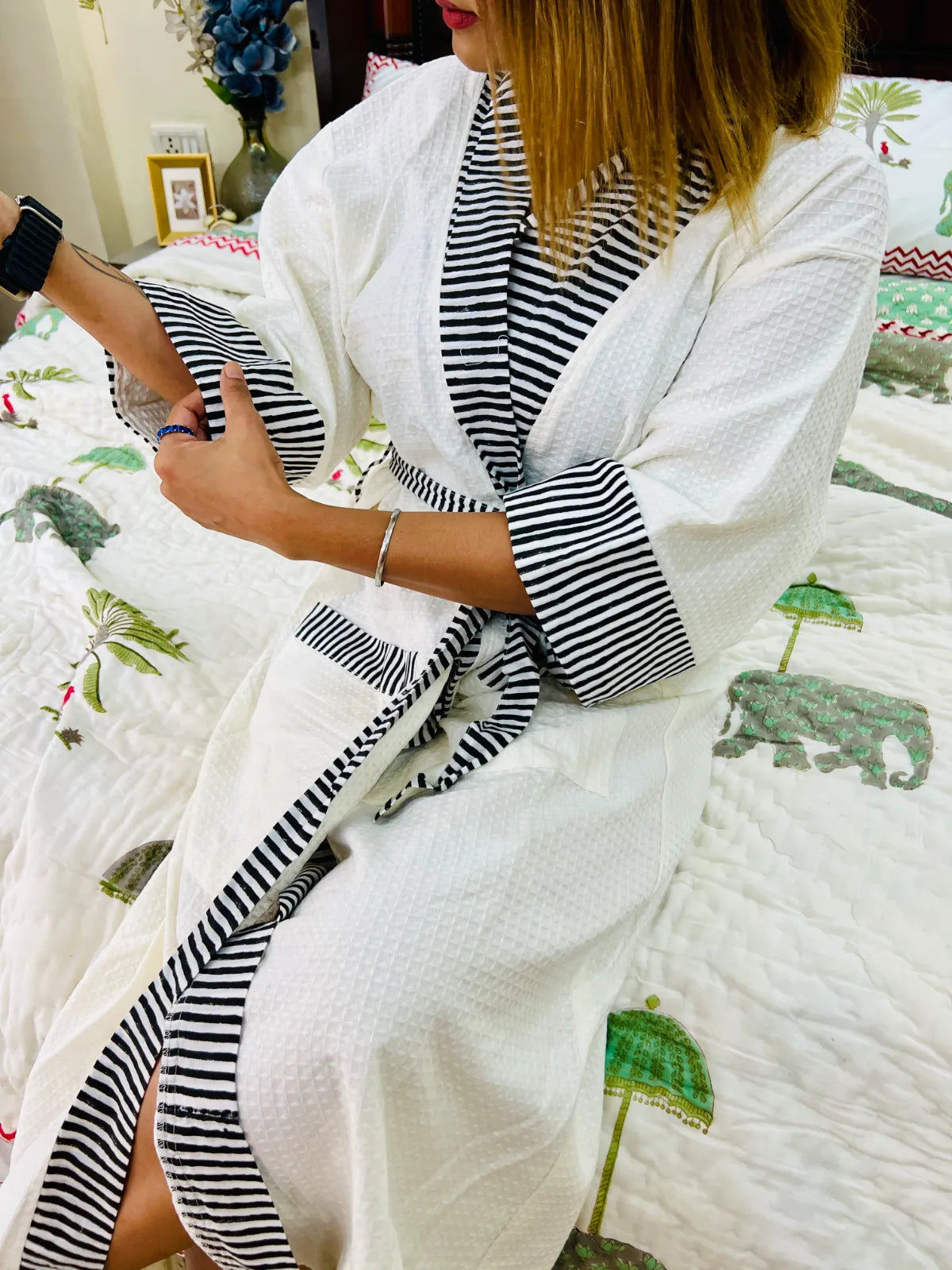 Mono Muse white waffle cotton bathrobe with striped edging styled for everyday wear