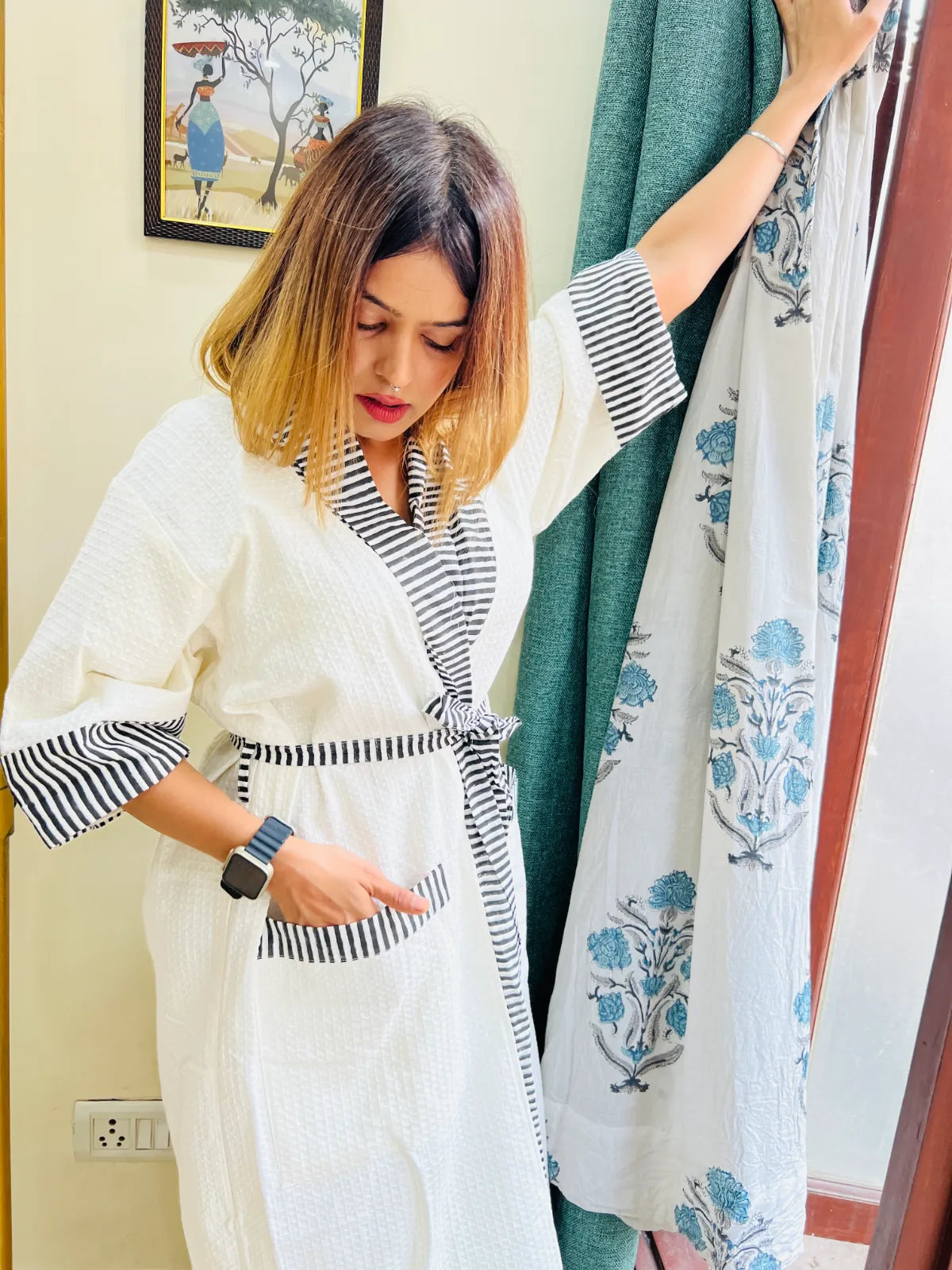 Back view of Mono Muse white waffle cotton bathrobe